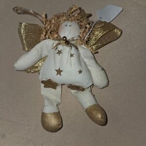 Angel Christmas Ornament Gold Stars Fabric Shelf Sitter Rusic Weightd Bottom